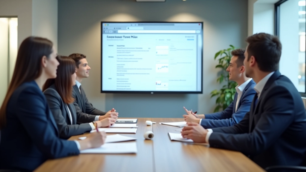 Team in conference room reviewing expense approval workflow on large monitor, discussing documents